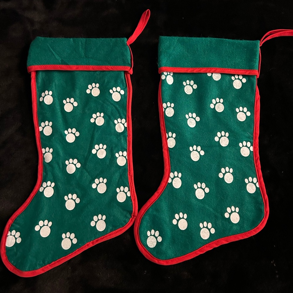 2 Dog or Cat Christmas Stockings. Green, Red, & White Dog/Cat Paw Prints.